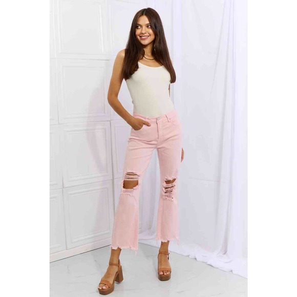 So Lovrie Denim - 💥RISEN Pink High Rise Distressed Kick-Flare Jeans